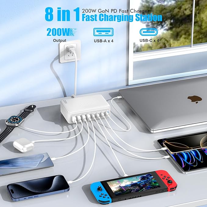 USB C Charger Block,200W GaN 8 Port USB C Charging Station USB Hub Block Cube Type C & USB A Wall Charger Power Adapter for Multiple Devices Apple iPhone 16/15/14,Steam Deck,MacBook Pro/Air,iPad Pro-DeskLoop Office