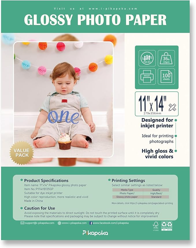 36lb Glossy Photo Paper, 11x14, 11R Size, Thin Glossy Photo Paper for Chip Bags, Inkjet, 100 Pack-DeskLoop Office