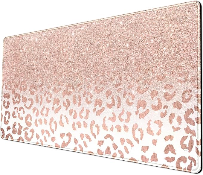 Desk Mat XXL Mouse pad, Pink Rose Gold Leopard Print Office Supplies and Accessories Decor for Women 31.5X15.75in,Stitched Edges Smooth Non-Slip Bottom, Large pad-DeskLoop Office