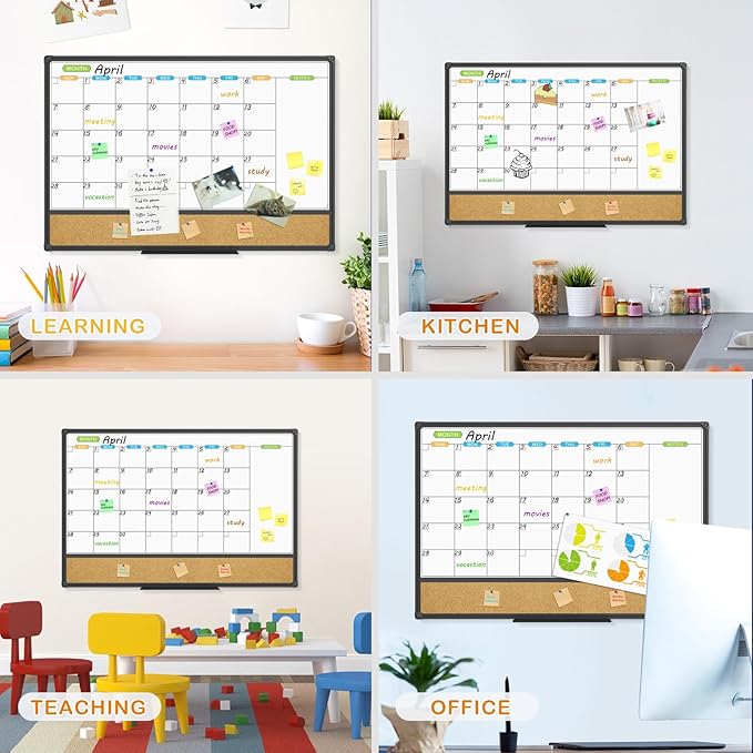 JILoffice Magnetic Calendar Whiteboard & Bulletin Corkboard Combination, Combo Board 36 x 24 Inch, Black Aluminum Frame Wall Mounted Board for Office Home and School with 10 Push Pins-DeskLoop Office