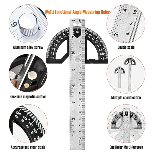 Protractor Angle Finder Stainless Steel Angle Ruler with 0-180 Degrees Adjustable Angle Square 8-Inch Woodworking Ruler for Woodworking/Carpenter/Construction/Measurement/Hobbyists-DeskLoop Office