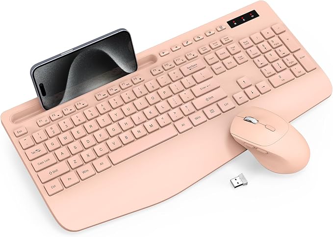 Trueque Wireless Keyboard and Mouse Combo - Full-Sized Ergonomic Keyboard with Wrist Rest, Phone Holder, Sleep Mode, Silent 2.4GHz Cordless Keyboards Mice Set for Computer, Laptop, PC, Windows (Pink)-DeskLoop Office
