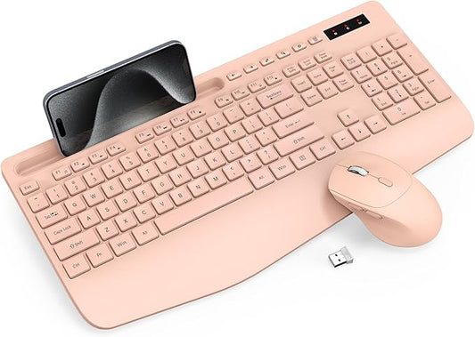Trueque Wireless Keyboard and Mouse Combo - Full-Sized Ergonomic Keyboard with Wrist Rest, Phone Holder, Sleep Mode, Silent 2.4GHz Cordless Keyboards Mice Set for Computer, Laptop, PC, Windows (Pink)-DeskLoop Office