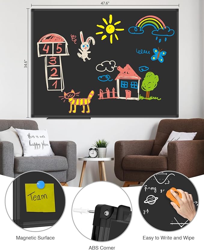 XBoard Magnetic Chalkboard Blackboard 48 x 36, Chalk Board/Black Board with 2 Magnets, Black Aluminium Frame-DeskLoop Office