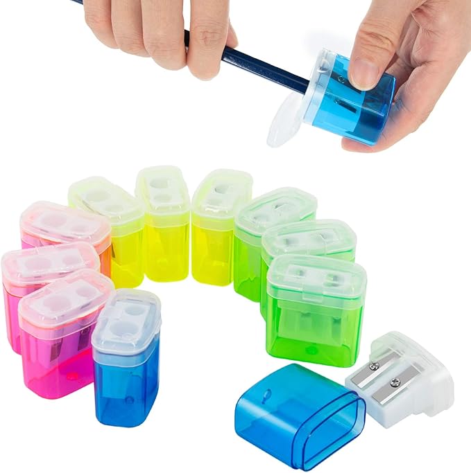 KIDMEN 12 PCS 2 Holes Small Manual Pencil Sharpener with Lid,for Kids,School-DeskLoop Office