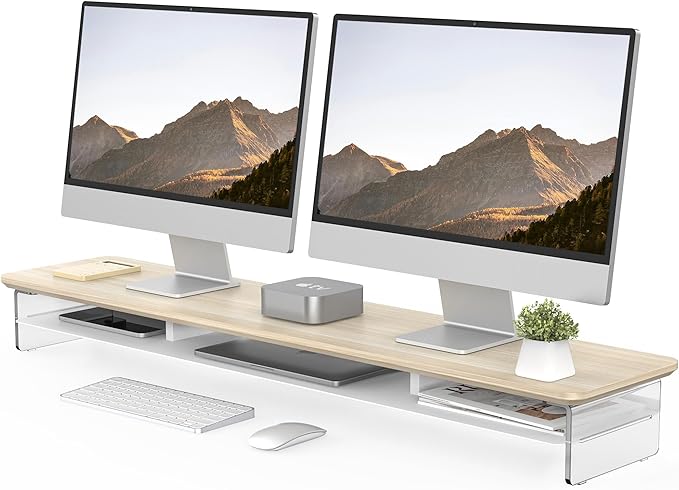 Fenge Acrylic Monitor Stand Riser, 42.5 Inches Dual Monitor Stand with Metal Storage, 2 Tier Acrylic Computer Riser for Desk, Clear Laptop Stand for PC, Laptop, Printer, TV, Oak-DeskLoop Office