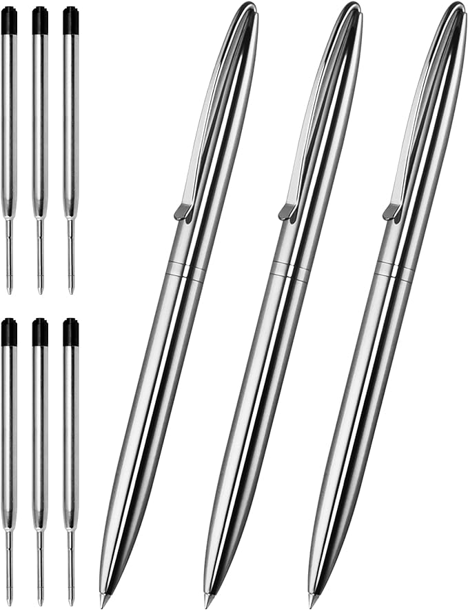 Cambond Metal Ballpoint Pens - Black Ink Fancy Pens 1.0mm Medium Point Bulk for Guest Book Uniform Christmas Gift, 3 Pens with 6 Refills (Silver)-DeskLoop Office