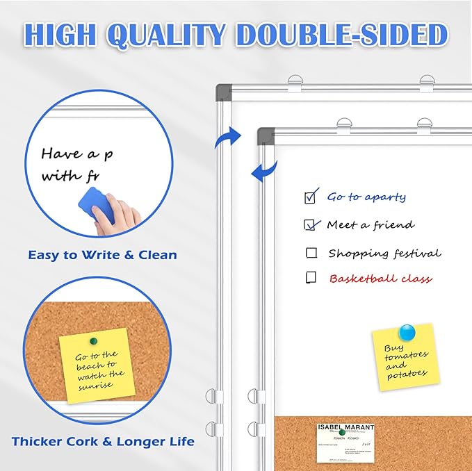 Whiteboard Cork Board Combo for Wall, WALGLASS 36" x 24" Double-Sided Large Dry Erase Whiteboard Corkboard Combination, Hanging Wall Mount Bulletin Board with Aluminum Frame for Office, Home, School-DeskLoop Office