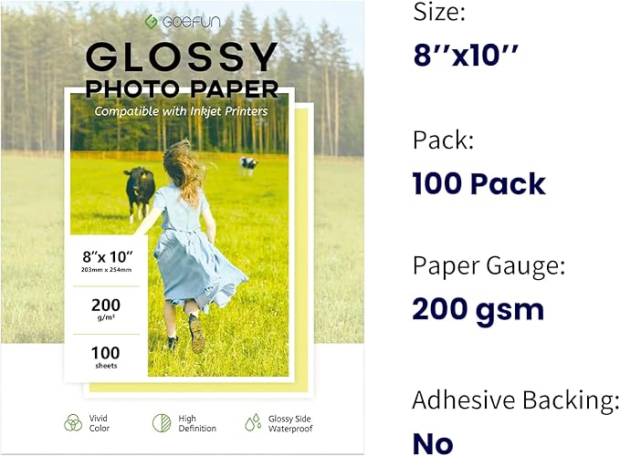 100 Sheets Glossy Photo Paper 8x10, Goefun 200GSM/54LB Inkjet Printer Paper for Dye Ink-DeskLoop Office