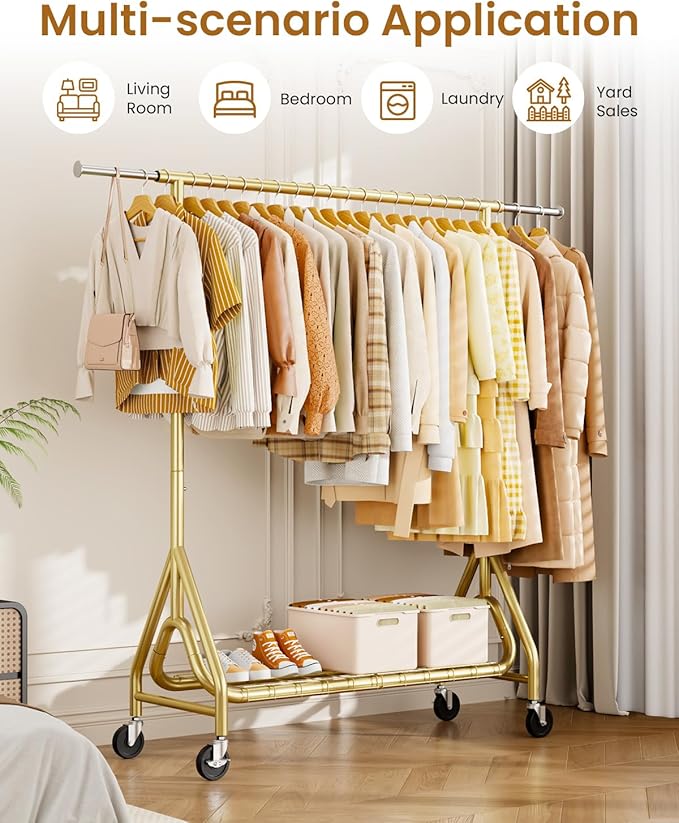 Heavy Duty Clothes Rack, Metal Clothing Rack Load 450 LBS, Rolling Coat Racks for Hanging Clothes with Lockable Wheels, Wardrobe Closet Garment Racks for Bedroom, Gold-DeskLoop Office