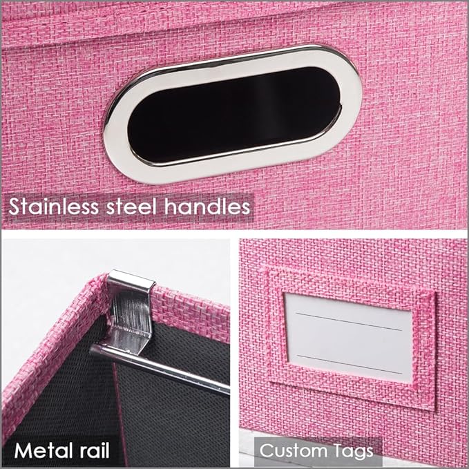 PRANDOM File Organizer Box - Set of 4 Collapsible Decorative Linen Filing Storage Hanging File Folders with Lids Office Cabinet Letter/Legal Size Pink 17.1x14x11.1 inch-DeskLoop Office