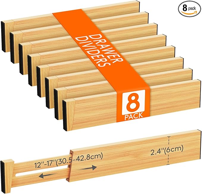 Lifewit 8 Pack Drawer Dividers Bamboo 2.4" High, 12-17" Adjustable Drawer Organizers for Clothes, Wooden Dresser Separators in Bedroom/Bathroom/Kitchen/Fridge/Office Organization and Storage-DeskLoop Office