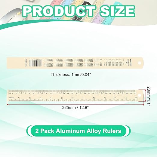 PATIKIL 30cm/12 Metal Ruler, 2 Pack Aluminum Alloy Rulers with Centimeters, Millimeters, Inches and Conversion Table Straight Edge Ruler for Writing Machinist Drafting, Yellow-DeskLoop Office
