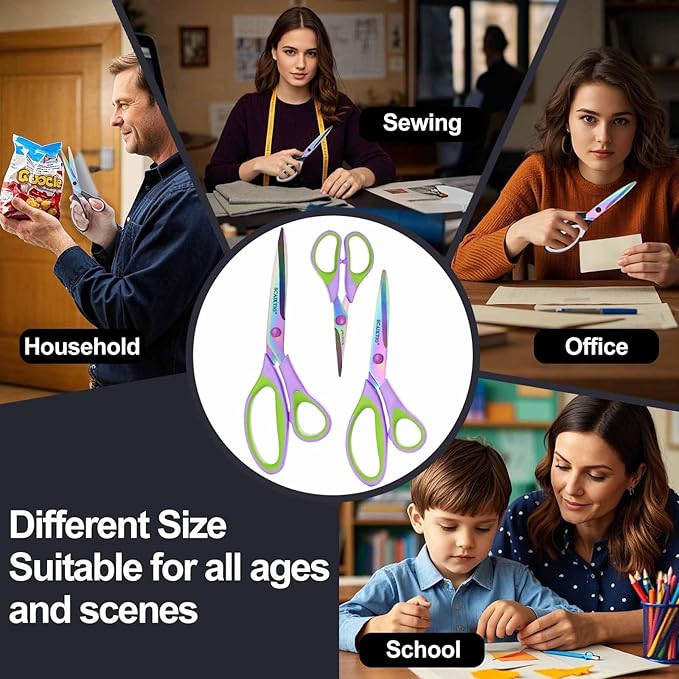Scissors All Purpose, Sharp Titanium Blades Shears, Rubber Soft Grip Handle, Multipurpose scissors 3 pack, Great for Office, Fabric, Craft, Sewing, Arts, School and Home Supplies, Green-DeskLoop Office