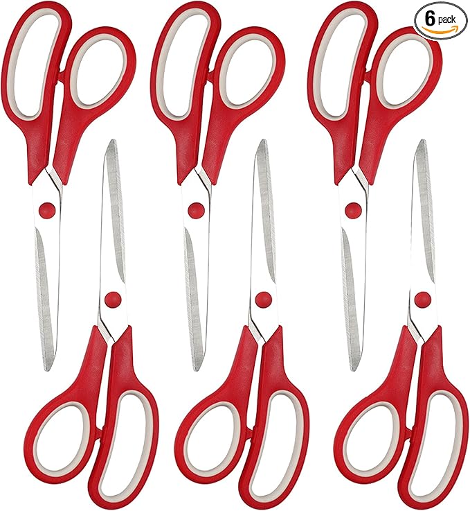 Red Scissors Bulk, Rkqoa 8" All Purpose Scissors Pack of 6- High Performance and Designed for Comfort and Cutting - Sharp to Cut but Soft to Hold. Perfect for Art, Crafts and the Office-DeskLoop Office