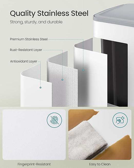 SONGMICS Trash Can, 2 x 8 Gallon (2 x 30 L) Dual-Compartment Garbage Can with Soft-Close Lid, Pedal and Inner Buckets, Stainless Steel, Includes 15 Liner Bags, Matte White ULTB741W01-DeskLoop Office