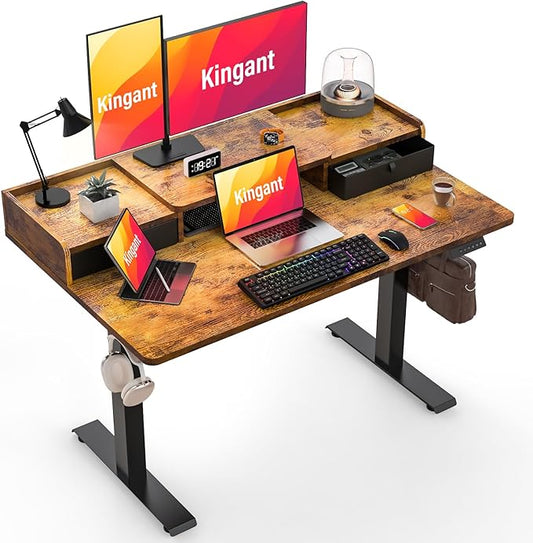 Standing Desk with Drawers,Thickened Table Legs Sit Stand Desk Electric for Home Office & Gaming,Ergonomic Stand Up Desk Cable Management Tray(Classic Black) (Rustic Brown, 48″ x 30″)-DeskLoop Office