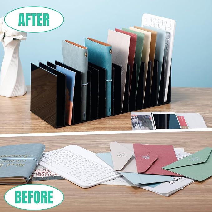 Ctosree Acrylic File Organizer for Desk Vertical 15 Compartments File Sorter Mail Organizer Desktop Countertop Folder Stand Racks for Office Home School Desk(Rectangle,Black)-DeskLoop Office