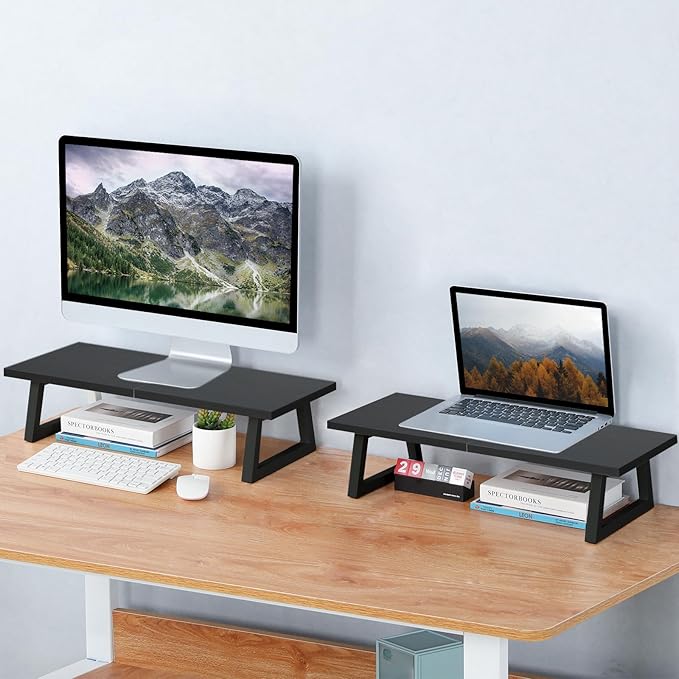 TEAMIX 24 inch Monitor Stand Riser, Black Wood & Steel Computer Monitor Stand with Storage, Laptop, PC, Printer Stand Riser for Desktop Office Desk Organizers-DeskLoop Office