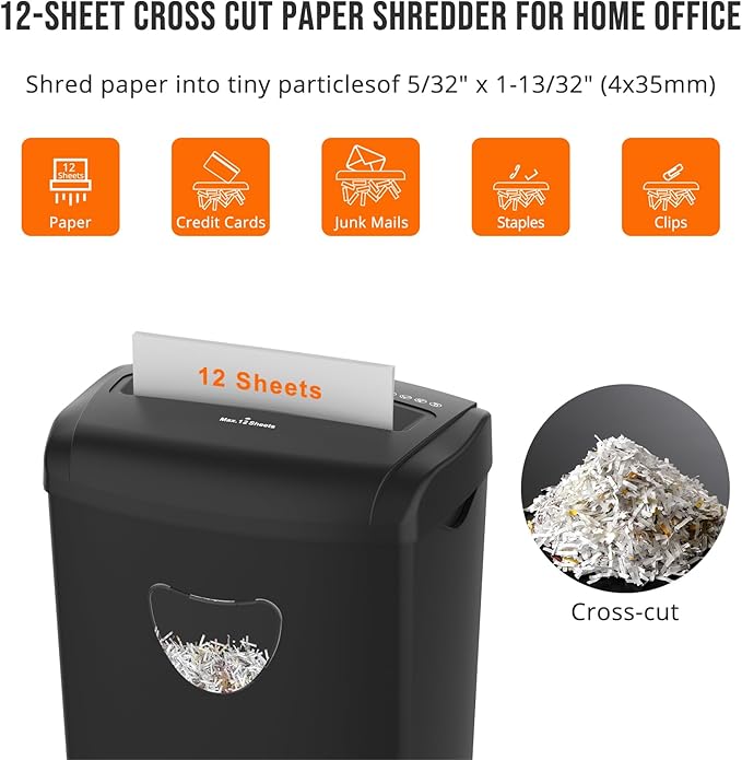 12-Sheet Cross-Cut Shredder (P-4 Security),Destroy Credit Cards/Staples,5.5 Gal Bin,70dB Quiet,Auto/Reverse Modes for Office & Home(ETL Certified)