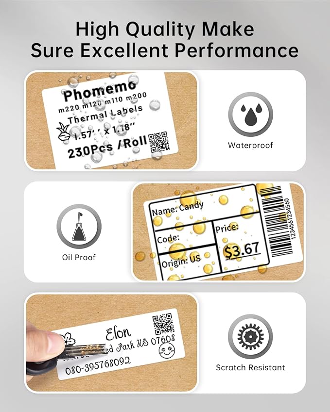 Phomemo Labels Set, M220 M110 M108 M250 M260 M150 M221 M120 M200 Label Maker Tape,Black on White Thermal Paper Self-Adhesive Stickers, Include 1.57'' x 1.18'',1.96'' x 1.18'',1" x 2-5/8"-DeskLoop Office