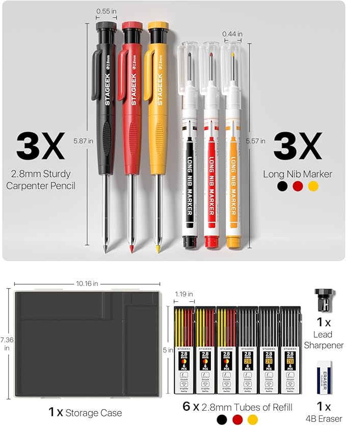 3PCS Carpenter Pencils with Sharpener, Heavy Duty Woodworking Tools, Mechanical Pencil Set with 39 Refills, Deep Hole Long Nib Marker Pens for Architect Marking with Case (Red, Black, Yellow)-DeskLoop Office