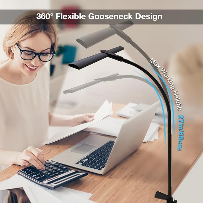 LED Desk Lamp for Home Office, Bright Double Head Desk Lamp with Clamp, Dimmable 5 Color Modes Desk Lighting, 12W Eye-Caring Architect Table Lamp for Workbench, Monitor, Reading, Study, 1400lm-DeskLoop Office