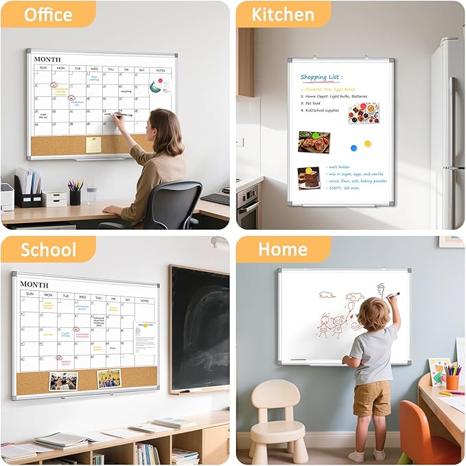 Large Dry Erase Calendar for Wall, 36"x24" Double-Sided Magnetic Whiteboard Calendar with Cork Board, Aluminum Frame Monthly White Board Memo Message Board for Office, Home, School, Kitchen-DeskLoop Office