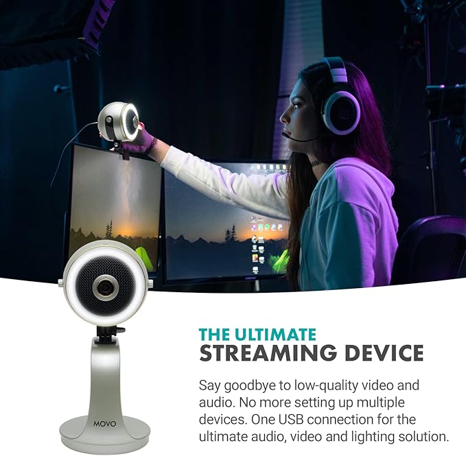 Movo WebMic HD Pro All-in-One Webcam with Mic and Ring Light in Silver- 1080p HD Camera, Pro Cardioid Condenser Microphone, LED Ring Light -HD Webcam for Streaming, Video Calls, Recording, Gaming-DeskLoop Office