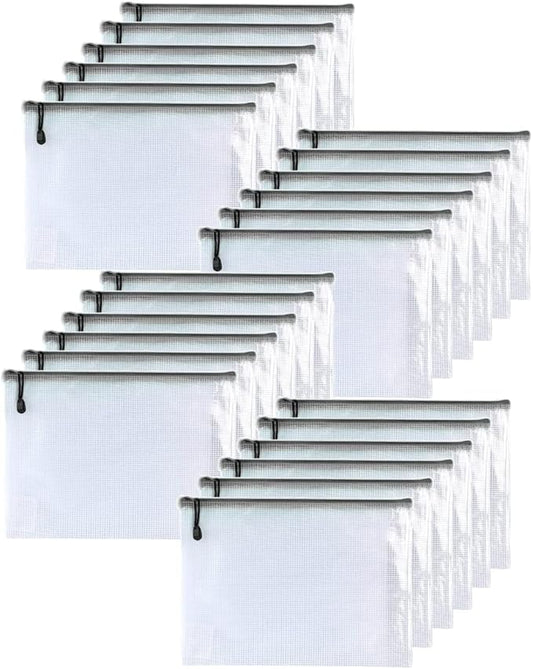 Oaimyy-24 Pcs Plastic Mesh Zipper Pouch Document Folders Bag Zip File Folders for School Office Supplies, Travel,Puzzles Games Organizing Storage-Black (Inches, 12"x 16")-DeskLoop Office