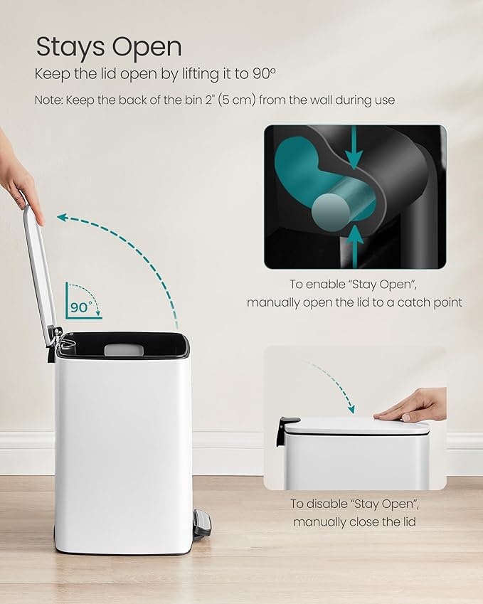 SONGMICS Kitchen Trash Can, 5.2-Gallon (20 L) Trash Bin, Stainless Steel Garbage Can, with Inner Bucket, Soft Close and Stays Open, Cloud White ULTB592W01-DeskLoop Office