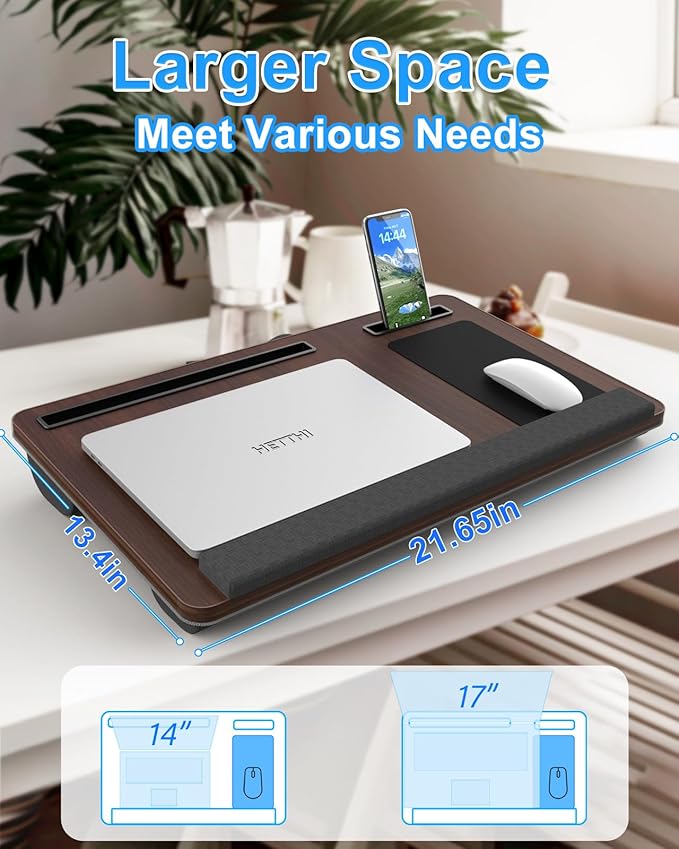 Laptop Lap Desk, Portable Large Laptop Desk for Bed, Up to 17 in Lap Table with Wrist Rest, Mouse Pad, Tablet Phone Slot, Portable Handle, Lap Tray with Cushion (Dark Brown)-DeskLoop Office