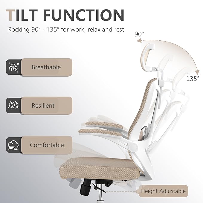 Desk Offiice Chair, Ergonomic Comfy Mesh Chair, Home High Back Gaming Executive Chair with Wheels, Compute Capacity 350LBS, Lumbar Support, Adjustable Headrest, Flip-up Armrest-DeskLoop Office