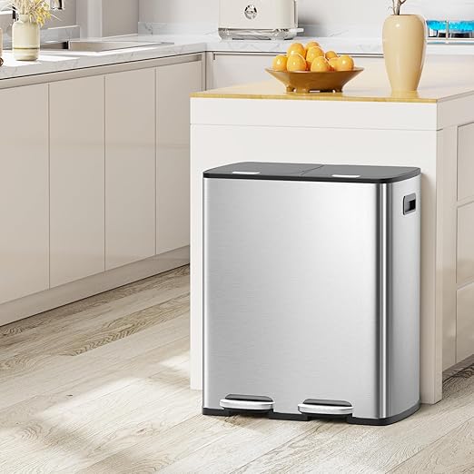 KUK 60 Liter / 16 Gallon Dual Trash Can with Lid, Stainless Steel Kitchen Step Garbage Can, 2 x 8 Gal Double Compartment Classified Rubbish Bin with 2 Plastic Inner Buckets Silver-DeskLoop Office
