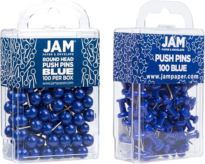 JAM PAPER Colorful Push Pins - Flat & Round Head Thumb Tack Combo Set - Blue Pushpins - 200/Pack-DeskLoop Office