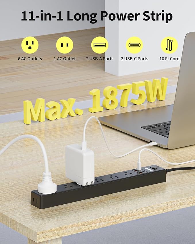 10 Ft Power Strip Surge Protector - 7 Outlets 4 USB Ports (2 USB C), Ultra Thin Flat Extension Cord & Flat Plug, 1700 Joules, Wall Mount, Desk Charging Station for Home Office Dorm, Black-DeskLoop Office