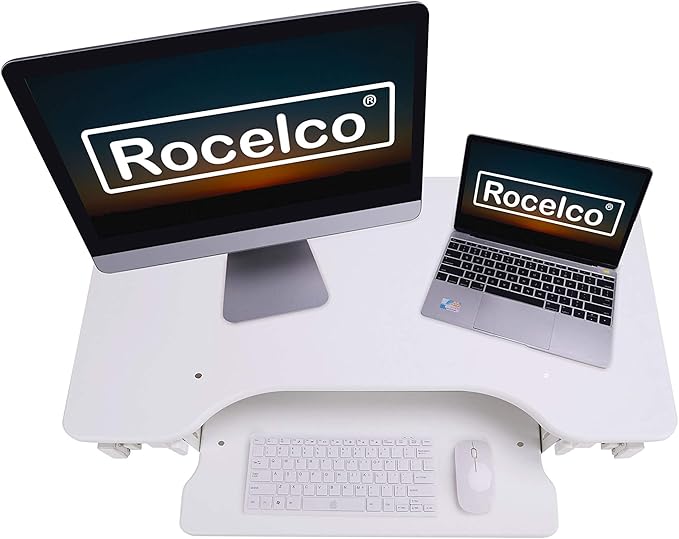 Rocelco 32" Height Adjustable Standing Desk Converter - Sit Stand Computer Workstation Riser - Dual Monitor Retractable Keyboard Tray Gas Spring Assist - Black (R EADRW)-DeskLoop Office