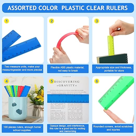 Zonon 100 Pcs 6 Inch Rulers Bulk Plastic Flexible Small Straight Rulers with Inches and Centimeters First Day of School Gift for Students Back to School Office Supplies(Bright Color, Opaque)-DeskLoop Office