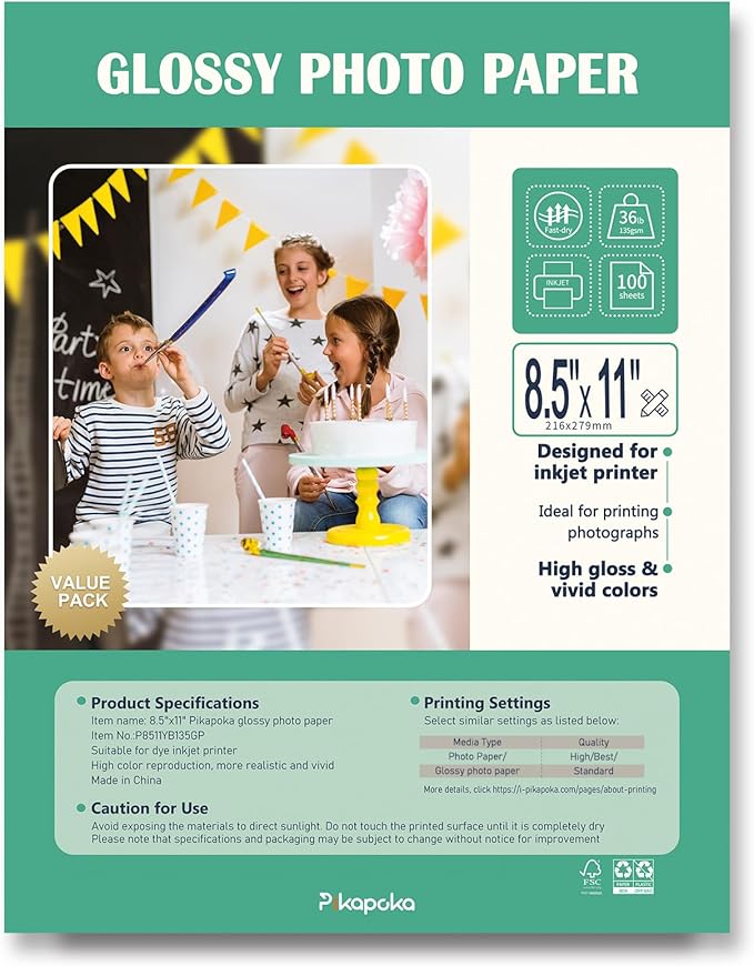36lb Glossy Photo Paper, 8.5x11, Letter Size, Thin Glossy Photo Paper for Chip Bags, Inkjet, 100 Pack-DeskLoop Office