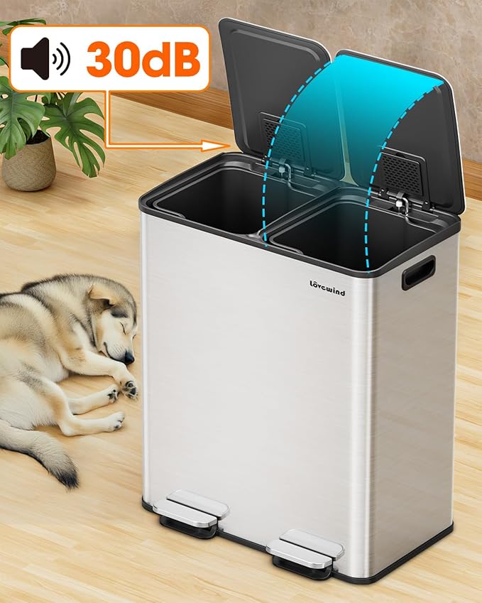 Lovewind Kitchen Trash Can, 2 x 8 Gallon (2 x 30 L) Stainless Steel Trash and Recycle Bin Combo with Soft-Close Lid, Dual Compartment Recycling Kitchen Step Trash Bin, Silver-DeskLoop Office