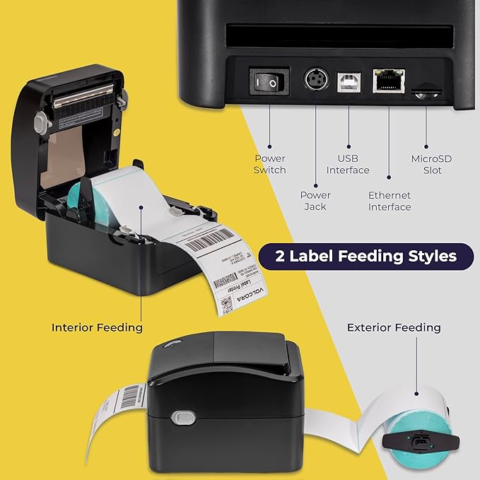 Volcora Thermal Label Printer with Ethernet/USB - Desktop 4x6 Shipping Label Printer, Compatible with Windows, Linux, Mac - Ideal for Small Business, Inkless Printer for Shipping Packages (Black)-DeskLoop Office