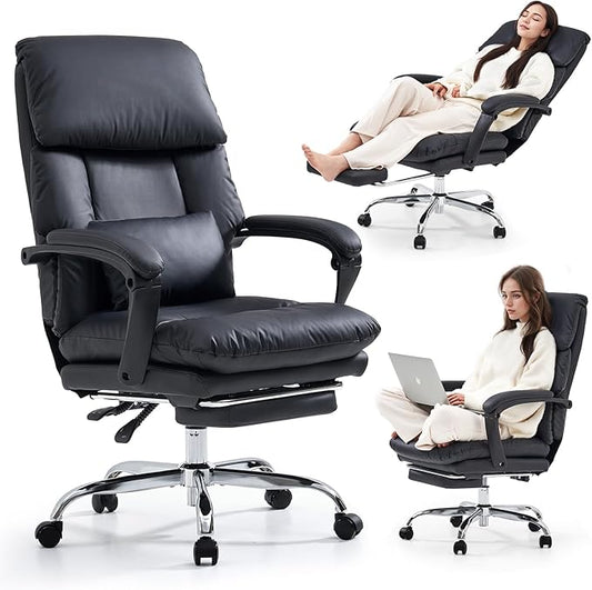 EMIAH Real Leather Office Chair with Foot Rest, Reclining Ergonomic Executive Office Chair with Arms, High Back Comfy Swivel Computer Desk Chairs with Wheels and Lumbar Support for Home Office, Black-DeskLoop Office