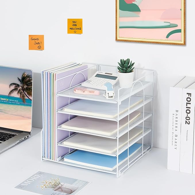 Desk Organizers and Accessories, 5-Tier Paper Letter Tray Organizer with File Holder, Desktop Organizer for Office Supplies, Office Desk Accessories & Workspace (White)-DeskLoop Office