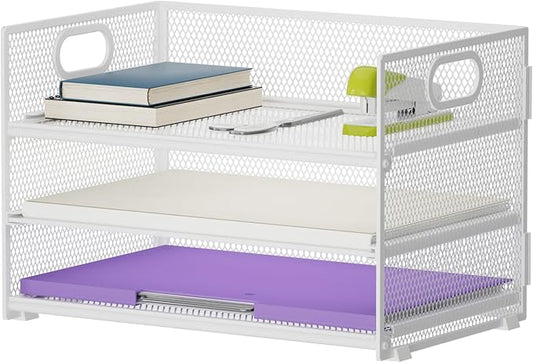 Marbrasse 3 Tier Paper Organizer Letter Tray, Mesh File Organizer with Handle, Paper Sorter Desk Organizer for Home Office Supplies(White)-DeskLoop Office