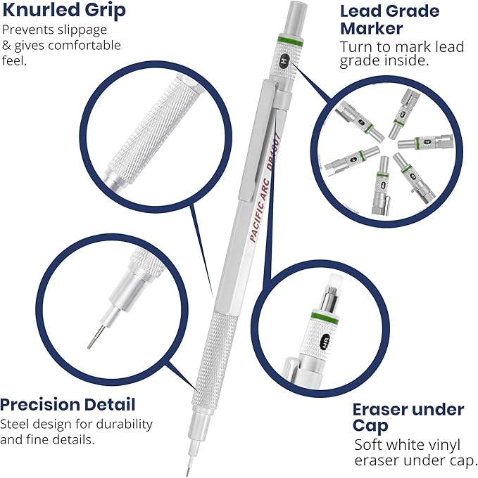 Pacific Arc Chromagraph Metal Mechanical Pencil .7 mm Silver Barrel Mechanical Pencil with Built In Lead Pencil Grade Indicator, Lead Pencil Holder for Drafting, Sketching, and Drawing-DeskLoop Office