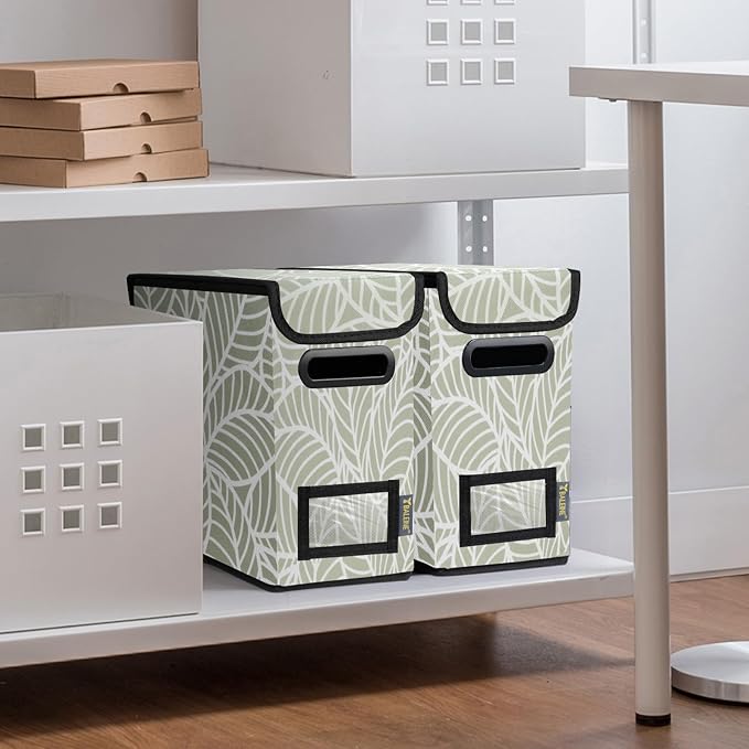 BALEINE File Organizer Box with Lid, Collapsible File Folder Organizer with Plastic Slide, Hanging File Folder Box for Office Document Storage (2 Pack, Antique Foliage, S)-DeskLoop Office