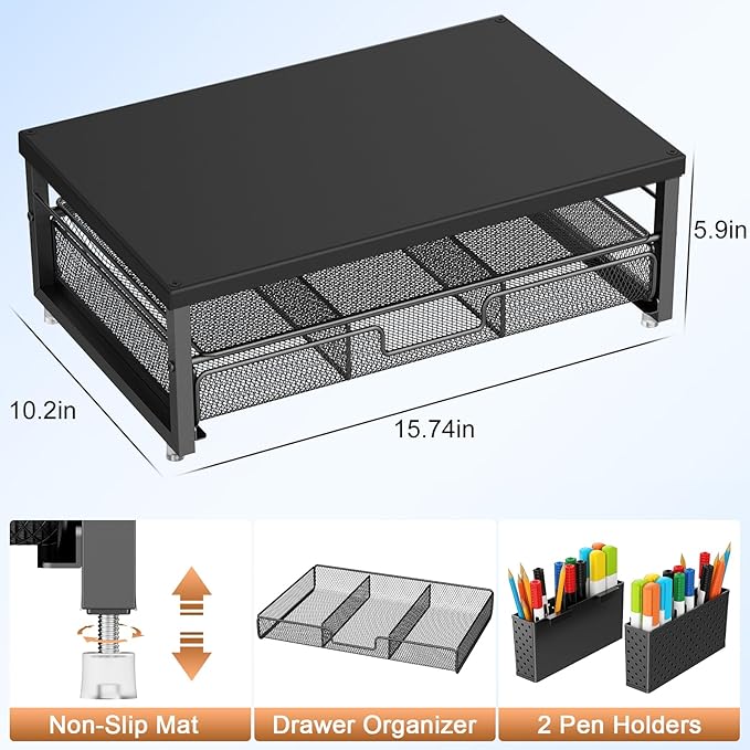 gianotter Wood Monitor Stand Riser, Office Desk Shelf Organizer, Desk Organizer with Drawer and Pen Holder, 2-Tier Computer Stand, Office Organization (Ink)-DeskLoop Office