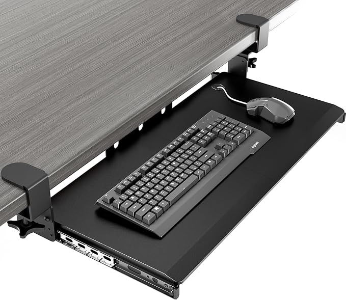 Keyboard Tray Under Desk Pull Out with Extra Sturdy C Clamp Mount System, 27.3 (32.5 inch Including Clamps) x 11 Inch Slide-Out Platform Computer Drawer for Typing Black AX01WB01-DeskLoop Office