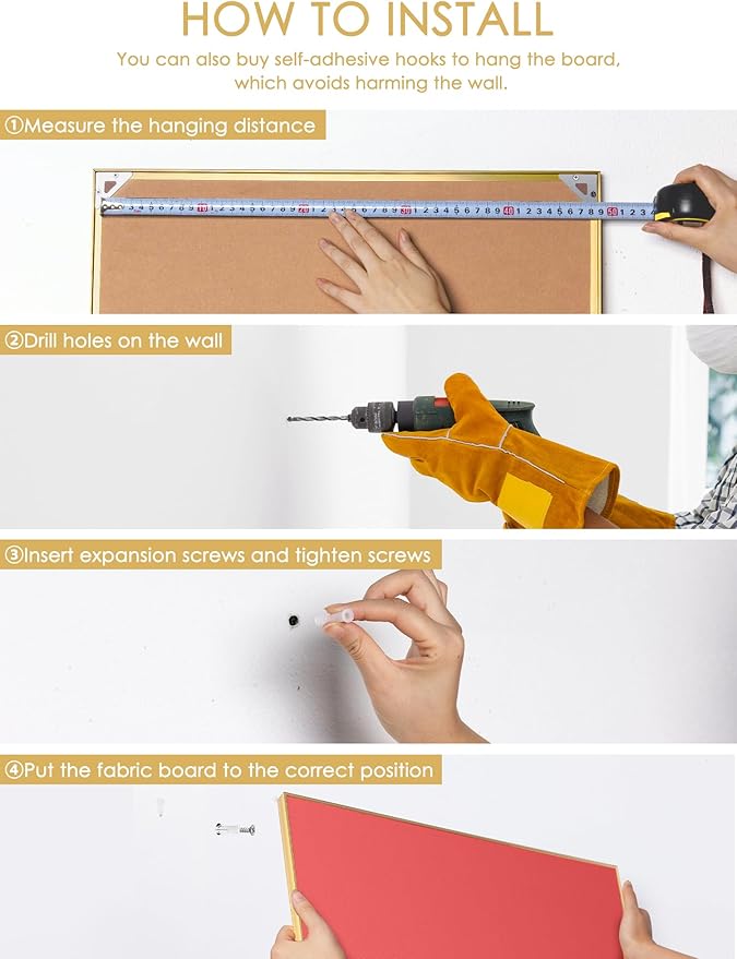 Bulletin Board 23.6 x 17.7 inches, Coral Red Pin Board, Golden Aluminum Framed Fabric Cork Board with 10 Push Pins-DeskLoop Office