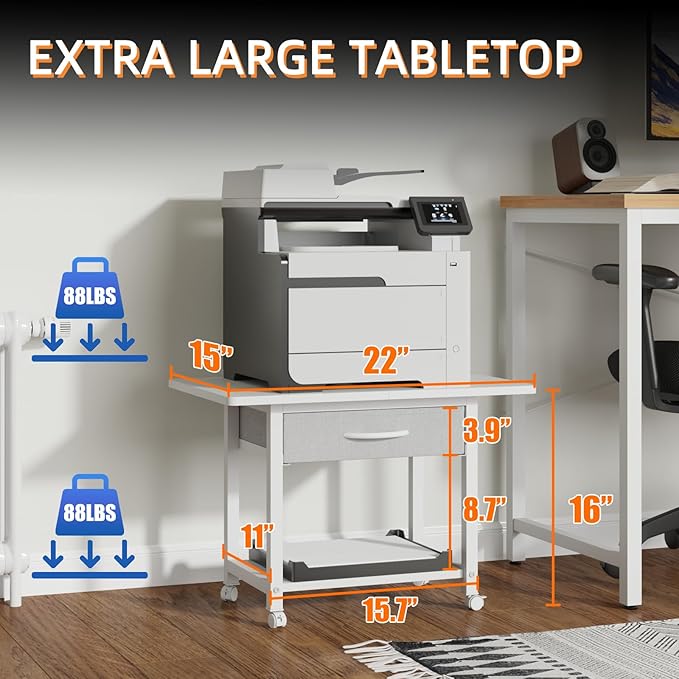 22"x15" Large Printer Stand with Storage Drawer, 2-Tier Under Desk Table for Home Office, Fits Fax Machine/3D Printer/Scanner (White)-DeskLoop Office